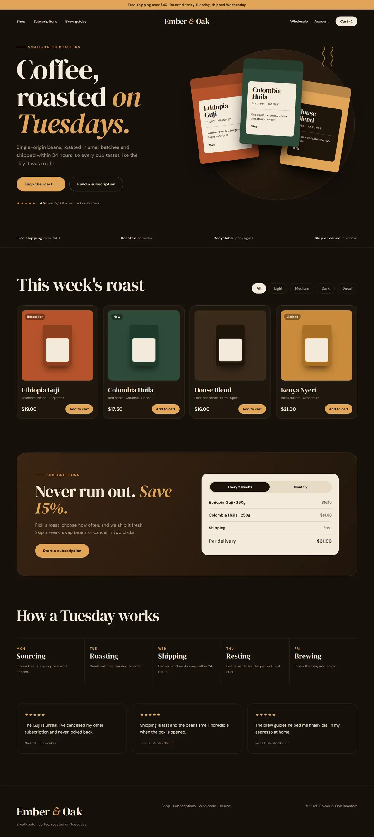 Ember & Oak Roasters website homepage on desktop