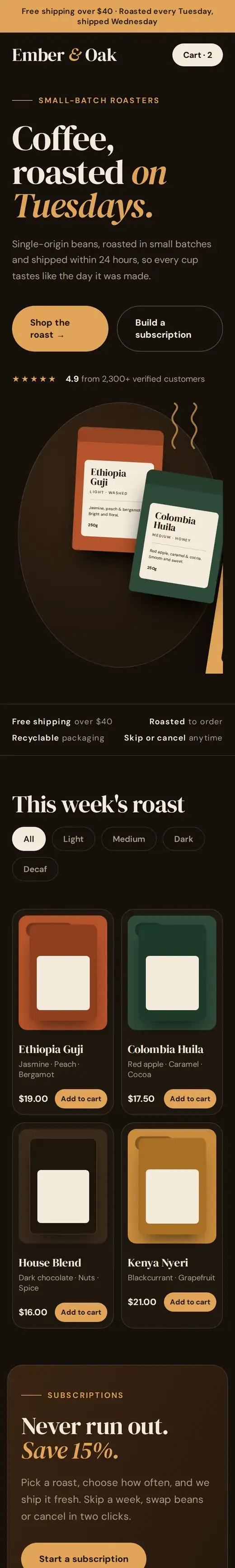 Ember & Oak Roasters website on mobile