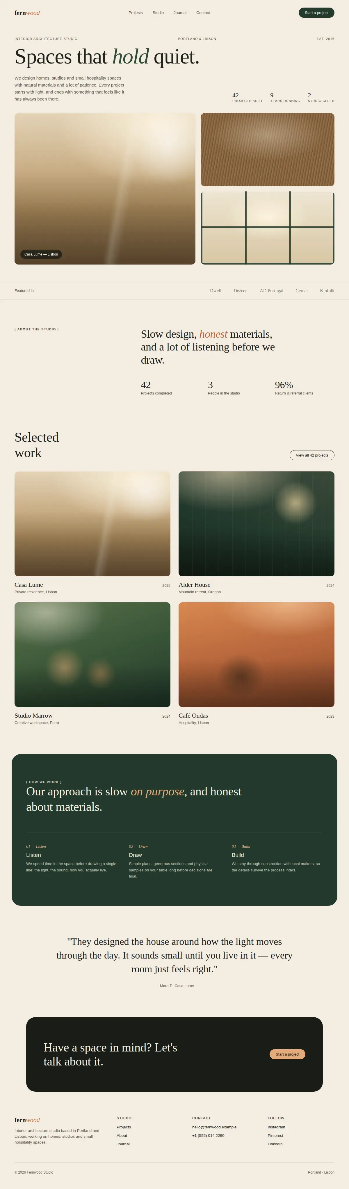 Fernwood Studio website homepage on desktop