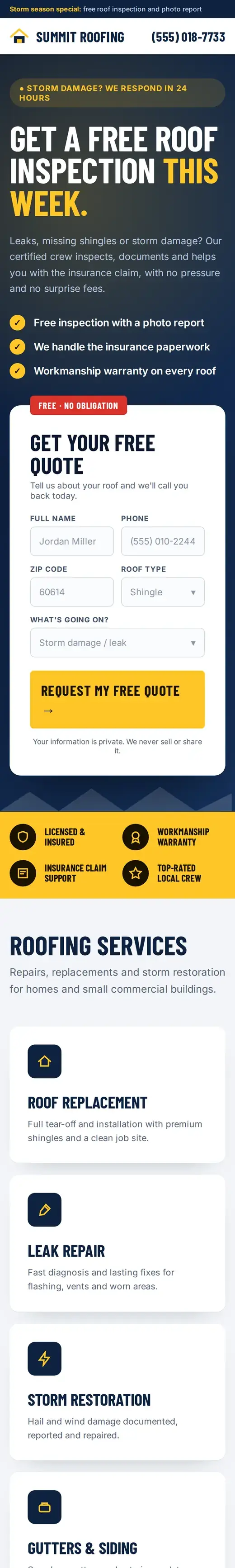 Summit Roofing website on mobile